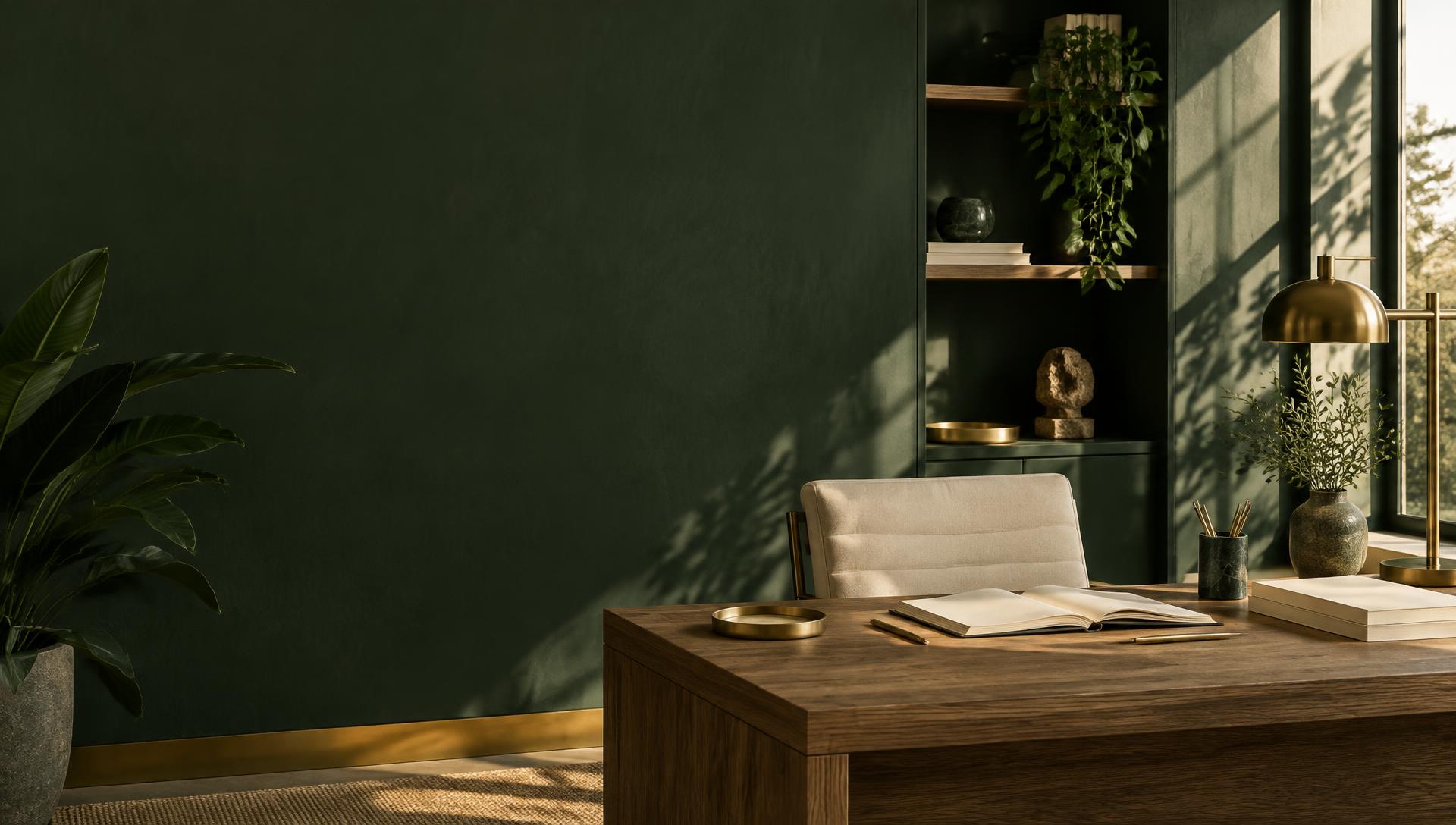 An elegant forest-green workspace with a notebook ready for the next business plan